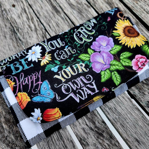 Garden themed Wallet, Sunflower Wallet, Ladies Billfold, fabric Wallet, Sunflower gift,  wallet with ID window, Buffalo Plaid Billfold