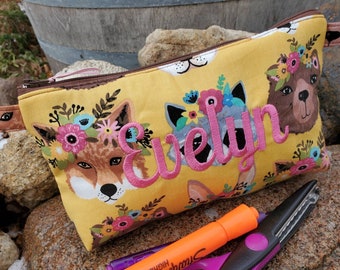 Girls pencil pouch, Makeup Bag,  Girl's School Supply Bag, Cosmetic Bag, Monogrammed Pencil Pouch, woodland creature zipper bag