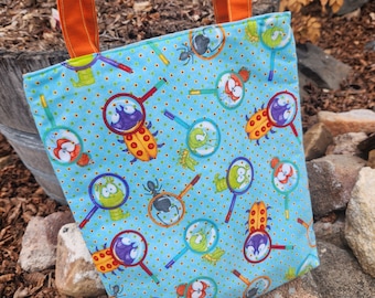 Bug Book Bag,  Kids Tote, Boy's Tote Bag,  Preschool Tote, Kids Tote, School Tote, Kindergarten Bag, Book Bag, fabric tote,