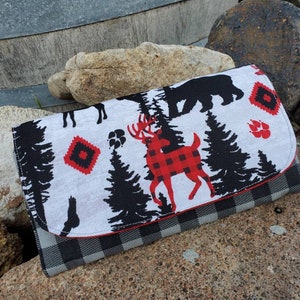 Cartera de vida silvestre, Billetera de ciervo, Cartera de tela, Cartera de damas, Cartera a cuadros de búfalo para damas, Cartera con broche, billetera hecha a mano