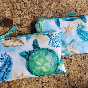 Seahorse Zipper Bag, Sea Turtle  Coin Purse,  Zipper Wallet  Coin Bag,  Star Fish Pouch, Sea turtle gift, Sea life coin pouch, seahorse bag