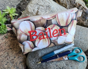 Baseball Pencil Case, Personalized School Supply Bag, Fabric Zipper Bag, Kids Zipper Pouch, Boy's Pencil Pouch, Baseball Zipper Bag