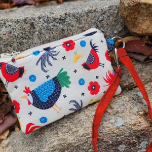 Chicken wristlet, Coin purse, Small Zipper Pouch, Chicken Zipper Bag, Ear Bud Pouch, Zipper Wallet, Chicken gift
