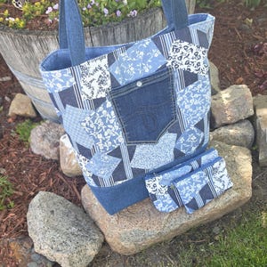 Large Denim Tote, Patchwork Purse, Book Bag, Beach Bag, Diaper Bag, Book Bag, Travel/Carry-On Bag,  Handmade Bag with Pockets, Craft Tote