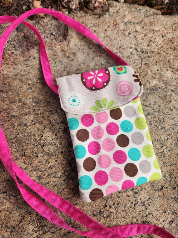 Corduroy Phone Hipster, Polka Dot Crossbody Bag, Crossbody Bag, Corduroy Bag, Pink and Green Hipster, Handmade Hip Bag, Case for Phone