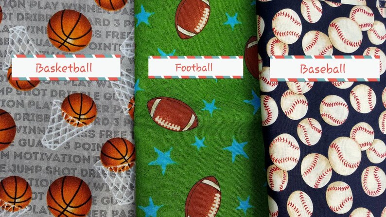 May include: Three fabric swatches with different sports themes. The first swatch is gray with a basketball pattern and the words "Basketball, Jump Shot, Dribble, Motivation, 3 Point". The second swatch is green with a football pattern and blue stars. The third swatch is navy blue with a baseball pattern and the word "Baseball".
