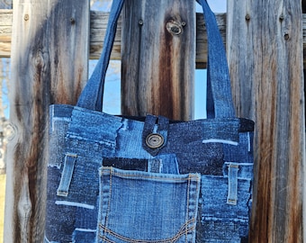 Denim Tote, Patchwork Denim Purse, Fabric Handbag, Tote with outside denim pocket, Travel Bag, Handmade Handbag, Purse with pockets