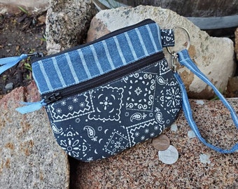 Bandana Wristlet,  Zippered Cosmetic Bag, Denim Zipper Bag, ear bud pouch, Fabric Wristlet, Girl's Wristlet, feminine pouch