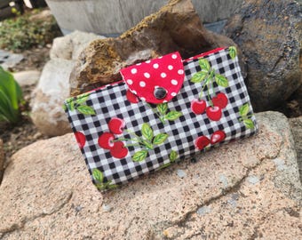 Cherry Checkbook Cover, Cherry Coupon Wallet, Fabric Checkbook Cover, Cherry Accessory, Cherry Checkbook Case, Gingham Checkbook