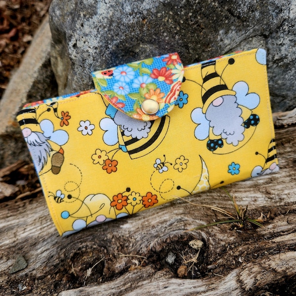 Bumblee Bee Gnome Checkbook Holder, Floral Coupon Case, Fabric Checkbook Cover, Top Tear Checkbook, Gift for Mom, Gnome Gift, Bee Checkbook
