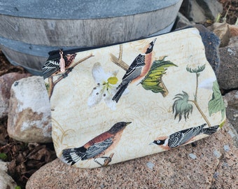 Bird Cosmetic Bag, Floral Makeup Bag, Cash Bag, Money Pouch, Bird Zipper Bag, Mother's Day Gift