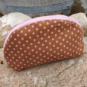 Corduroy Cosmetic Bag, Travel Bag, Purse Organizer, Curved Makeup Bag, Polka Dot Zipper Bag, Half Moon Pouch, Wide Opening Zipper Bag