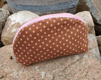 Curved Cosmetic Bag, Travel Bag, Purse Organizer, Corduroy Makeup Bag, Polka Dot Zipper Bag, Half Moon Pouch, Wide Opening Zipper Bag