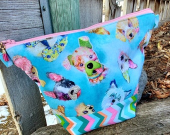 Puppy Dog Cosmetic Bag, Dog Travel Bag, Purse Organizer, Puppy Dog Makeup Bag, Cash Bag, Fabric Zipper Bag, Zippered Makeup Bag