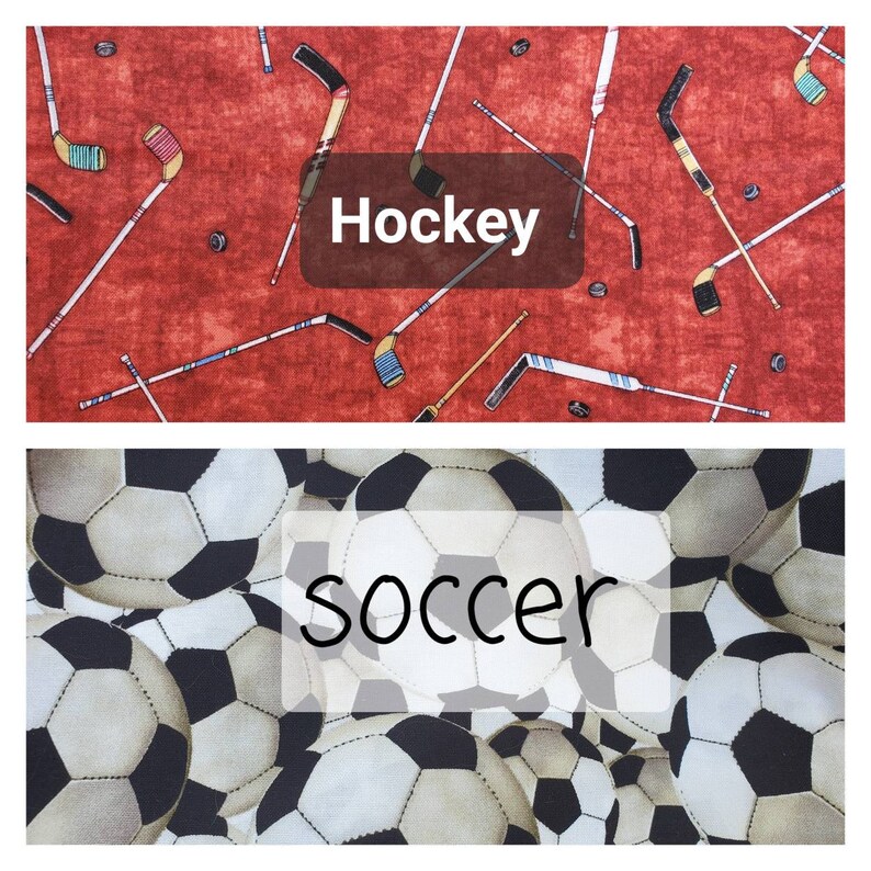 May include: Two fabric swatches with different sports themes. The top swatch is red with a pattern of hockey sticks and pucks. The text "Hockey" is printed in a brown rectangle on the swatch. The bottom swatch is white with a pattern of black and white soccer balls. The text "soccer" is printed in a white rectangle on the swatch.
