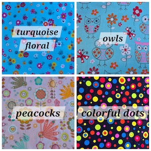 May include: A four-panel collage of fabric patterns. Top left: turquoise floral print. Top right: light blue fabric with owls, flowers, and butterflies. Bottom left: light pink fabric with peacock and flower motifs. Bottom right: black fabric with multicolored dots.