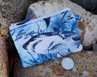 Shark zipper Wallet, Great White Shark Coin Purse, Zipper Bag, Boys Change Purse, Ear Bud Pouch,  Coin Purse