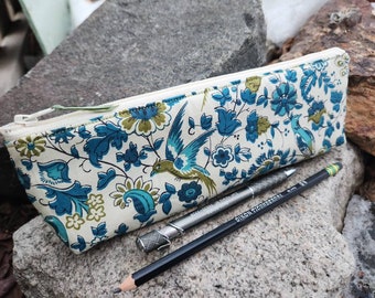 Slim Bird Pencil Case, Floral Zipper Bag, Makeup brush pouch, crochet hook bag, zipper pouch for pencils,  gift, Bird Zip bag