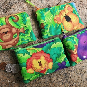 Jungle Coin Bag, Elephant Coin Purse, Girls Zipper Wallet, Elephant Change Purse, kids wild animal zipper wallet, baby jungle animal pouch