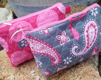 Breast Cancer Awareness Makeup Bag, Personalized Quilted Cosmetic Bag, Paisley Cosmetic Case