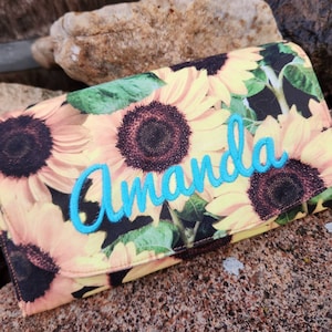 Cartera de girasol, Billetera para damas, Billetera personalizada, Cartera de tela, Regalo de girasol, billetera con ventana de identificación