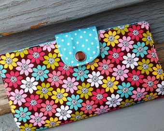 Floral Checkbook Holder, Personalized Pink & Brown Coupon Wallet, Fabric Checkbook Cover