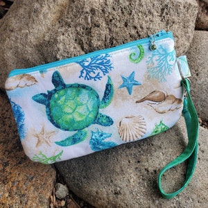 Sea Turtle Wristlet, Seashell Cosmetic Bag, fabric zipper bag, Purse Organizer, Pencil Pouch, Feminine Pouch, School Organizer Sea horse bag