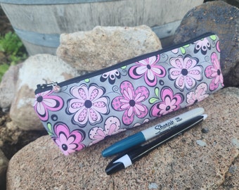 Slim Floral Pencil Case, Floral Zipper Bag, Makeup Brush Pouch, Crochet Hook Bag, Pink & Gray Zip Pouch for Pencils,  Handmade Zipper Bag