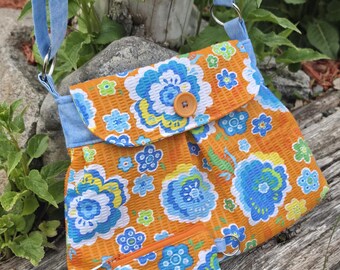 Girls Floral Crossbody Purse, Orange Fabric Purse, Pre-teen Purse, Girl's Handbag with Zip Pouch,  Purse with Adjustable Strap
