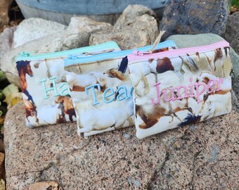 Horse Coin Purse, Personalized Zipper Wallet, Horse Zipper Bag, credit card pouch, Ear Bud Pouch, horse gift, fabric coin bag, kids coin bag