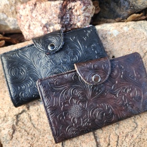 Black or Brown Checkbook, Tooled Checkbook Cover, Paisley Checkbook Cover, Black Coupon Wallet, Vinyl Checkbook, Top Tear Checkbook Case