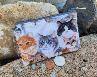 Cat Coin Purse, Zipper Pouch, Earbud Pouch, Kitty Zipper Wallet, Girls Coin Purse, Lunch Money Pouch, Credit Debit Card Pouch, Gift Card Bag