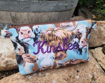 Cow Pencil Case, Personalized School Supply Bag, Cow Cosmetic bag, Fabric Cosmetic Bag, Highland Cow gift