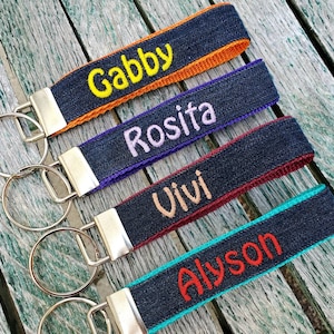 Personalized Denim Keychain,  Monogrammed Keychain, Denim Keyfob, Denim Lanyard