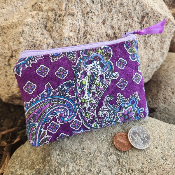 Purple Quilted Coin Purse, Plum Change Purse, Ear Bud Pouch, Zipper Pouch, Business  femine pouch, credit card pouch, paisley pouch