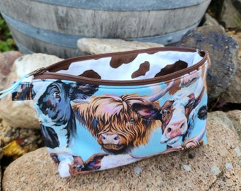 Cow Pencil Case, Personalized School Supply Bag, Cow Cosmetic bag, Fabric Cosmetic Bag, Highland Cow gift