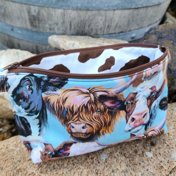 Cow Pencil Case, Personalized School Supply Bag, Cow Cosmetic bag, Fabric Cosmetic Bag, Highland Cow gift