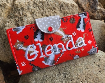 Cat Checkbook Cover, Pet Themed  Fabric Checkbook Cover, Cat Gift, Vet Gift, Cat Checkbook with Name, Checkbook Case, Kitty Fabric Case