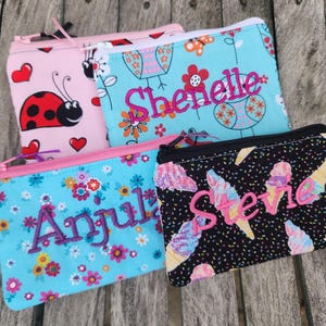 Personalized Girl&#39;s Coin Purse, zipper Wallet, Change Purse, Ear Bud Bag, butterfly coin purse, coin purse with name, handmade fabric pouch