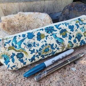 Slim Bird Pencil Case, Floral Zipper Bag, Makeup brush pouch, crochet hook bag, zipper pouch for pencils,  gift, Bird Zip bag
