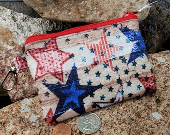 Patriotic Coin Purse, Small Zipper Wallet, Change Purse with stars,  red white bluepouch, change purse,  zipper bag, fabric bag