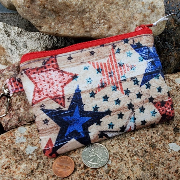 Patriotic Coin Purse, Small Zipper Wallet, Change Purse with stars,  red white bluepouch, change purse,  zipper bag, fabric bag