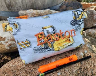 Construction Pencil Case, Personalized School Supply Bag, Boy's Pencil Pouch, Bulldozer Bag, Construction Vehicles Bag