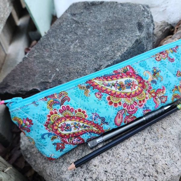 Slim Quilted Pencil Case, Paisley Zipper Bag, Turquoise Makeup brush pouch, crochet needle bag, zipper pouch for pencils,  Inhaler bag