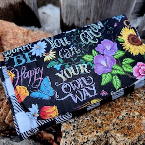 Garden themed Wallet, Sunflower Wallet, Ladies Billfold, fabric Wallet, Sunflower gift,  wallet with ID window, Buffalo Plaid Billfold