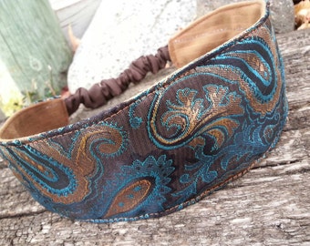 Turquoise & Brown Brocade Headband, Reversible Suede Headband
