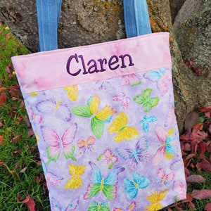 Girls Butterfly Tote, Personalized Book Bag, Overnight bag,  School bag, handmade fabric tote, Girls tote, Purple Floral Tote, library bag