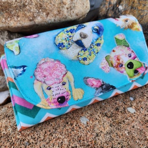 Dog wallet, Puppy Billfold, Fabric Wallet, Ladies Wallet, Dog Gift, Vet Tech Gift, Wallet with snap, handmade wallet
