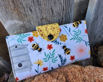 Bumblee Bee Checkbook Holder, Floral Coupon Case, Fabric Checkbook Cover, Top Tear Checkbook, Gift for Mom, Bee Hive Case, Bee checkbook