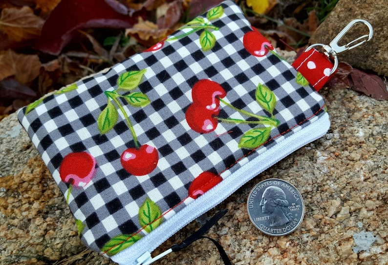 Cherry Coin Purse feminine pouch credit card pouch cherry change purse Gingham Zipper Wallet Cherry zipper wallet ear bud pouch
